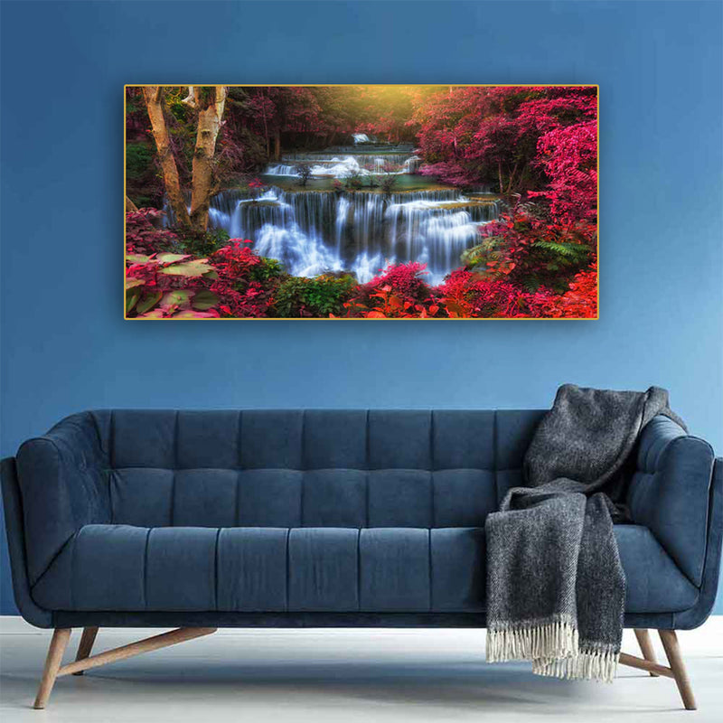 Autumn Waterfall Scenery Canvas Floating Frame Wall Painting