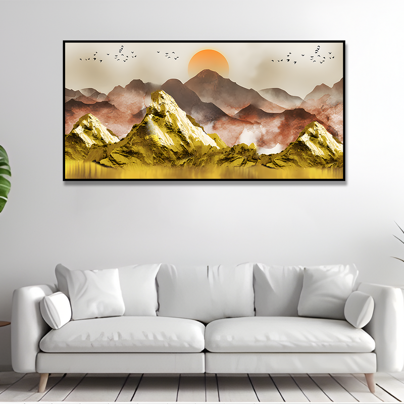 Golden Mountains and Birds Scenery Premium Floating Frame Canvas Wall Painting