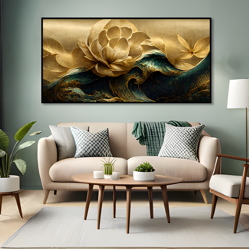 Modern Golden Flower and Waves Floating Frame Wall Painting