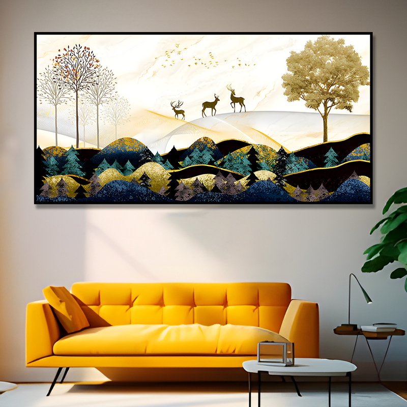 Abstract Golden Landscape Trees with Golden Deer Canvas Floating Frame Wall Painting.