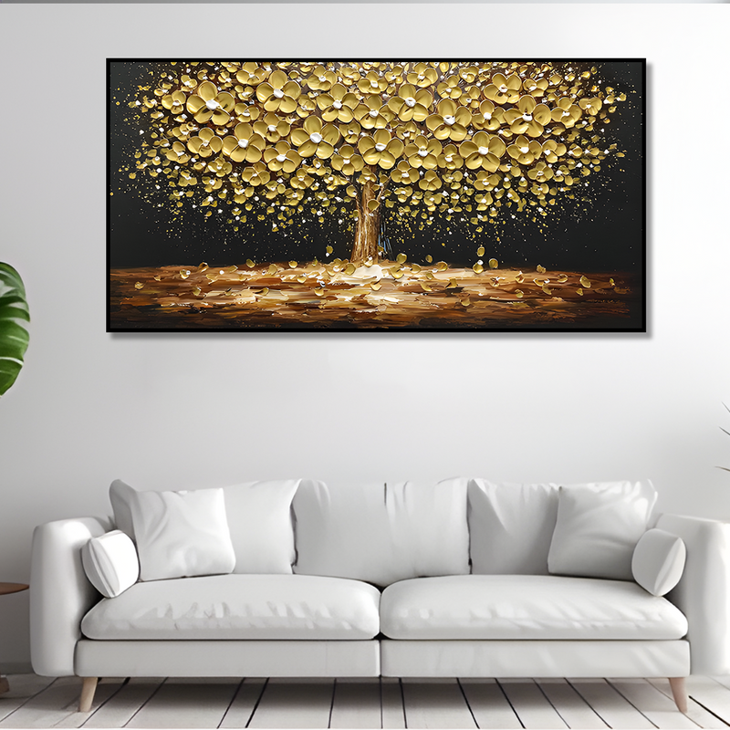 3D Texture Golden Tree Palette Knife Painting Art, Fashion Bohemian Canvas Oil Painting, Blooming Flower Landscape Original Painting