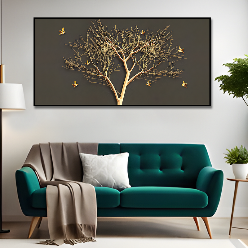 Golden Embossed Tree With Golden Birds Premium Canvas Floating Frame Wall Painting