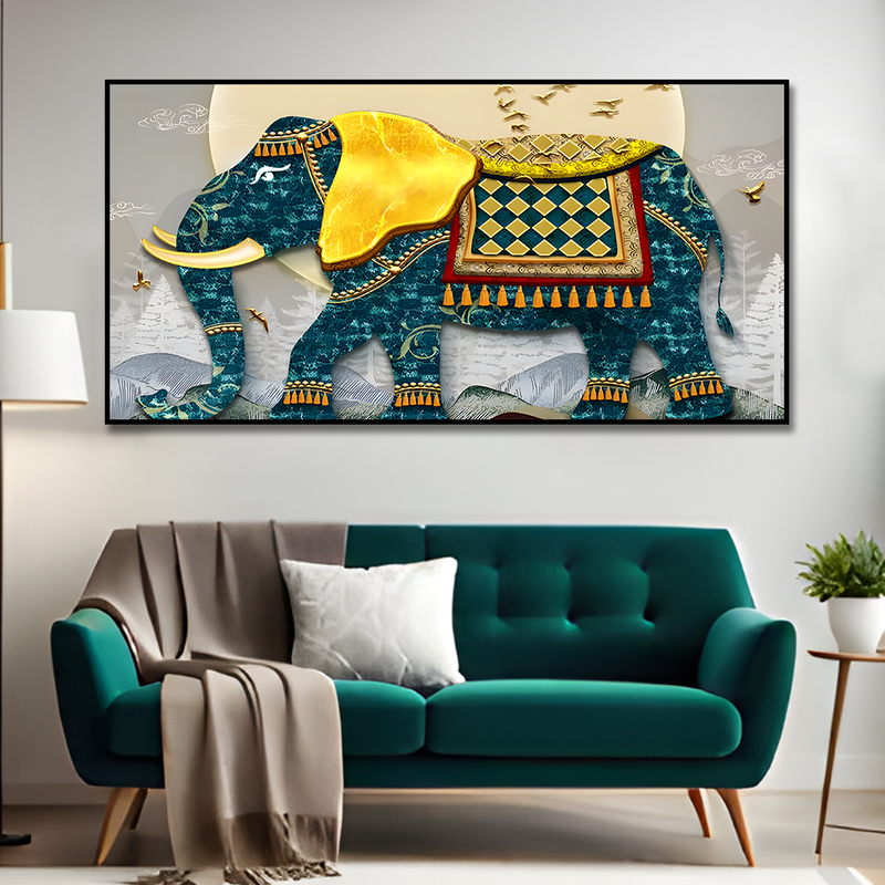Classic and Royal Elephant with Golden Tusks Canvas Floating Frame Wall Painting