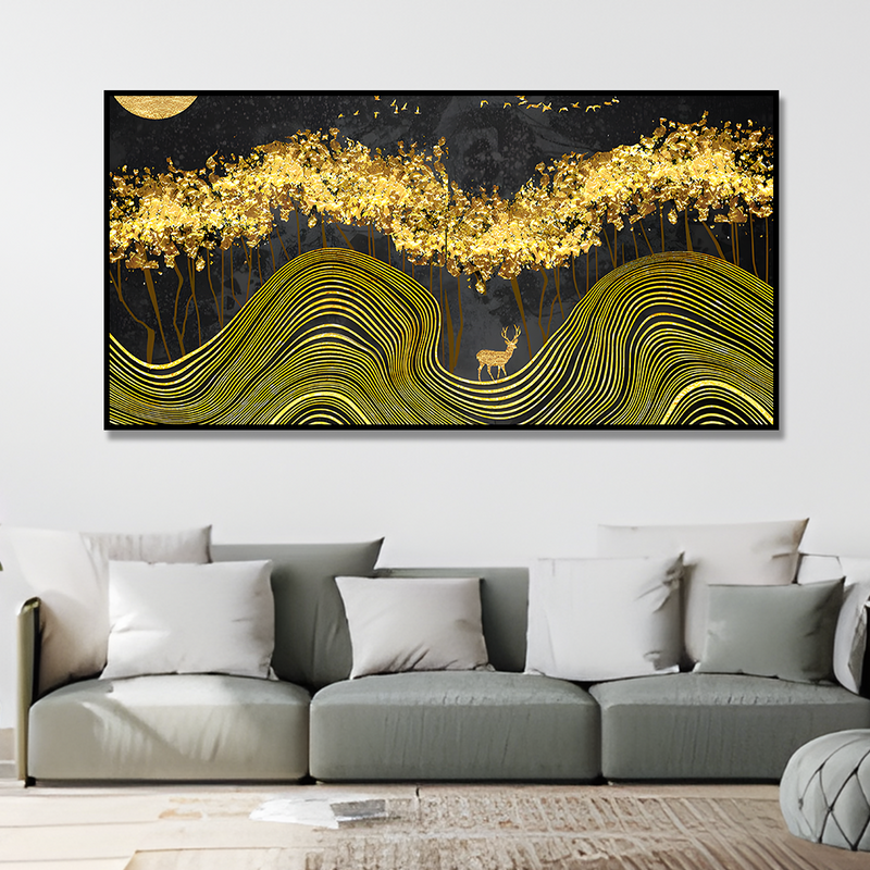 Miraculous Landscape with Golden Deer Texture Canvas Floating Frame Wall Painting