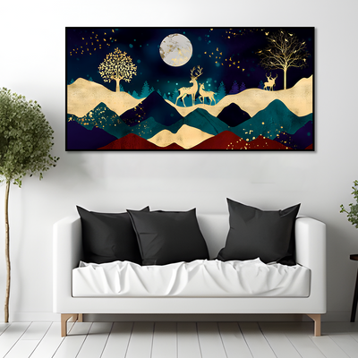 Luxurious Modern Art of Mountains and Golden Deer Tropical leaves Canvas Floating Frame Wall Painting