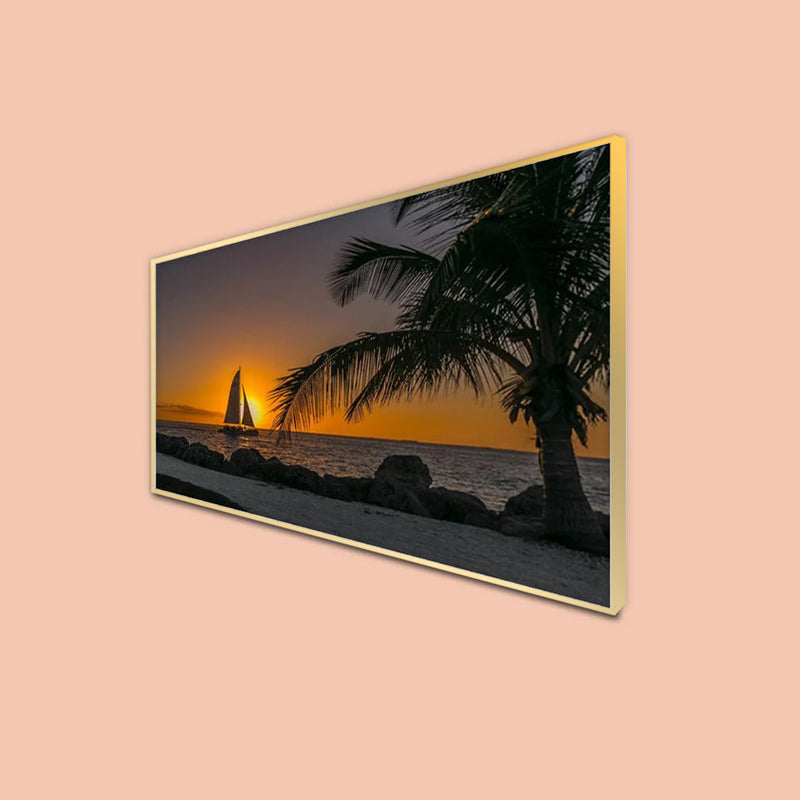Row Boat In Beach During Sunset Canvas Floating Frame Wall Painting