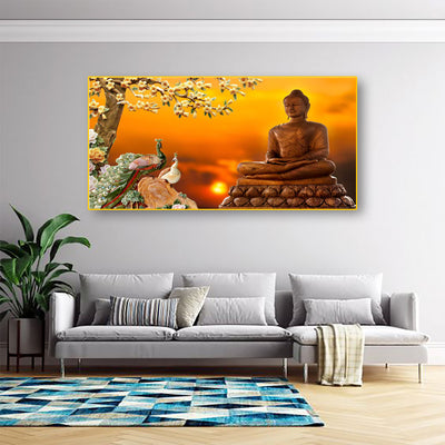 Buddha With Birds Canvas Floating Frame Wall Painting