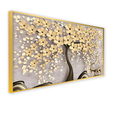 Beautiful Tree With Golden Flower Canvas Floating Frame Wall Painting