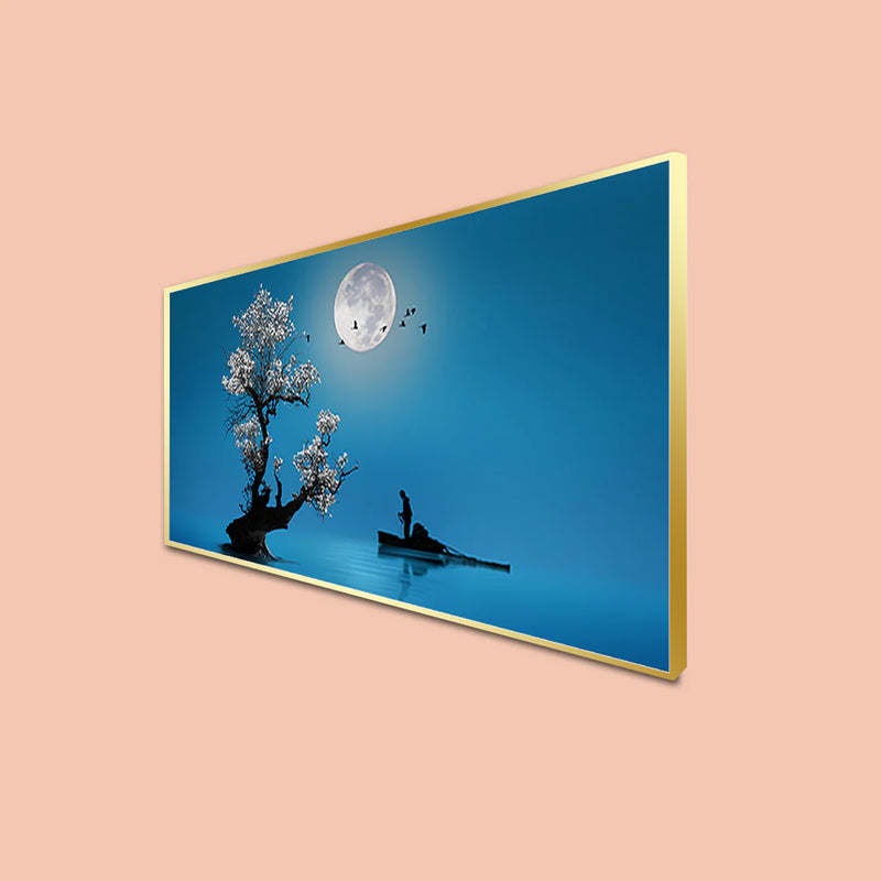 Fishing Under The Moon Light Canvas Floating Frame Wall Painting
