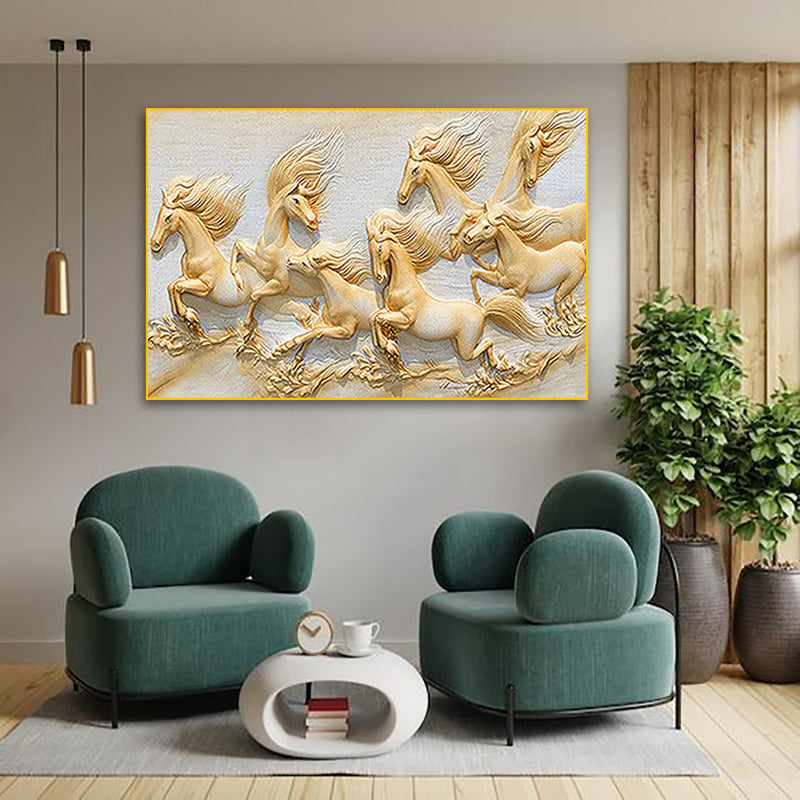Seven Golden Horses Running Floating Frame Canvas Wall Painting
