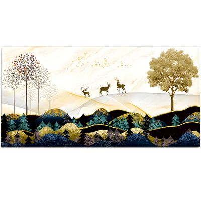 Abstract Golden Landscape Trees with Golden Deer Canvas Floating Frame Wall Painting.