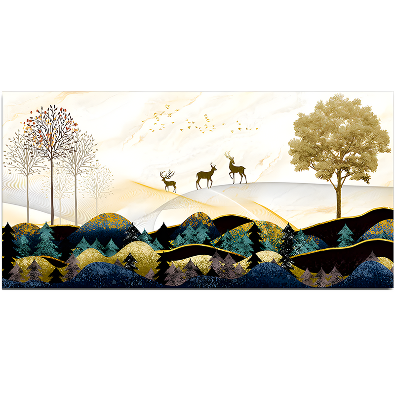Abstract Golden Landscape Trees with Golden Deer Canvas Floating Frame Wall Painting.