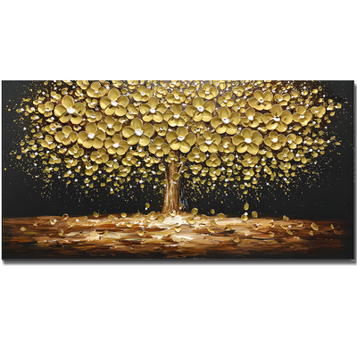 3D Texture Golden Tree Palette Knife Painting Art, Fashion Bohemian Canvas Oil Painting, Blooming Flower Landscape Original Painting