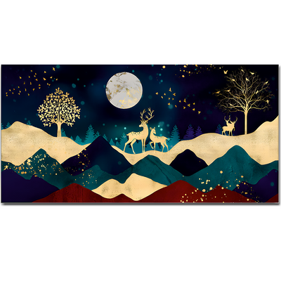 Luxurious Modern Art of Mountains and Golden Deer Tropical leaves Canvas Floating Frame Wall Painting