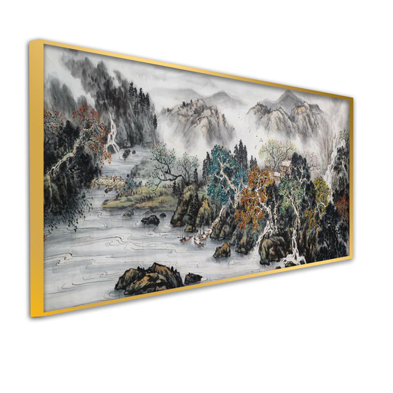 Mountain And Water Abstract Art Canvas Floating Frame Wall Painting