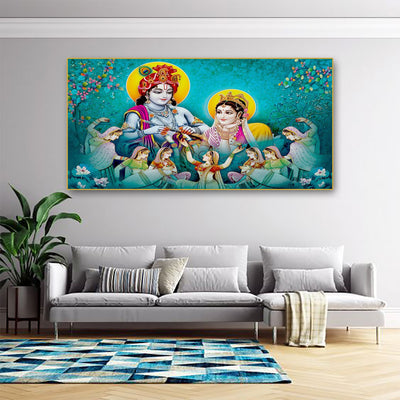 Radha Krishna Enjoying Gopis Dance Floating Frame Canvas Wall Painting