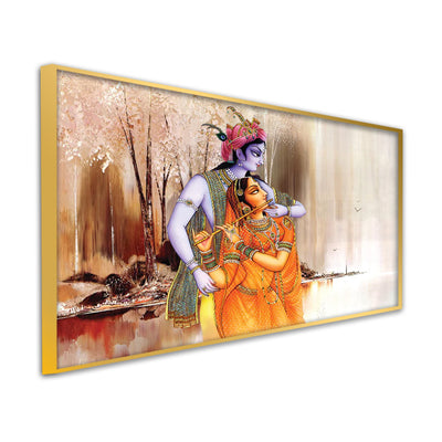 Artistic Radha Krishna Playing Flute Floating Frame Canvas Wall Painting