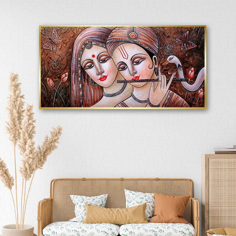 Radha Krishna Playing Flute Canvas Floating Frame Wall Painting