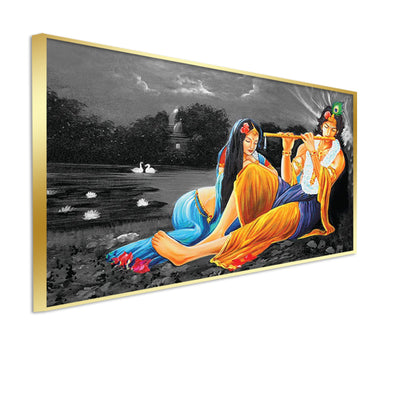 Krishna And Radha In Gray Background Canvas Floating Frame Wall Painting