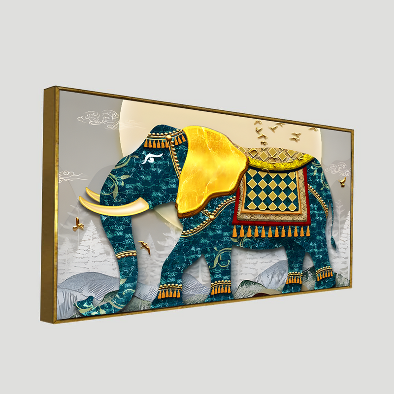 Classic and Royal Elephant with Golden Tusks Canvas Floating Frame Wall Painting