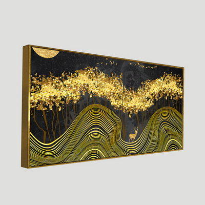 Miraculous Landscape with Golden Deer Texture Canvas Floating Frame Wall Painting
