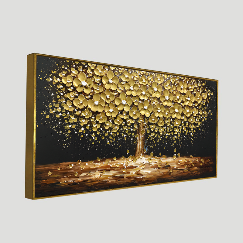 3D Texture Golden Tree Palette Knife Painting Art, Fashion Bohemian Canvas Oil Painting, Blooming Flower Landscape Original Painting