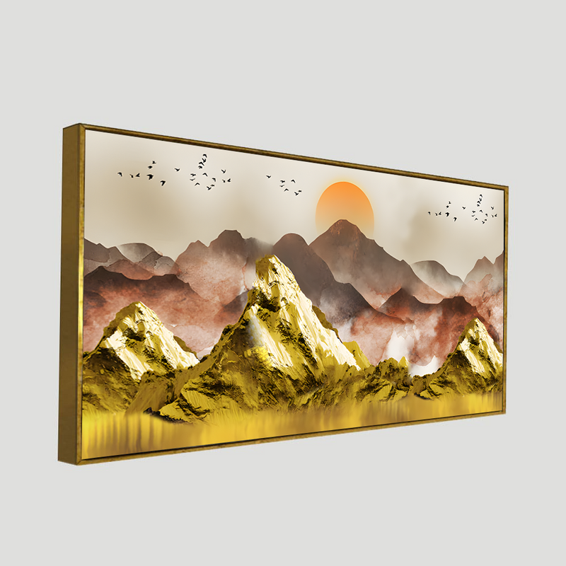 Golden Mountains and Birds Scenery Premium Floating Frame Canvas Wall Painting