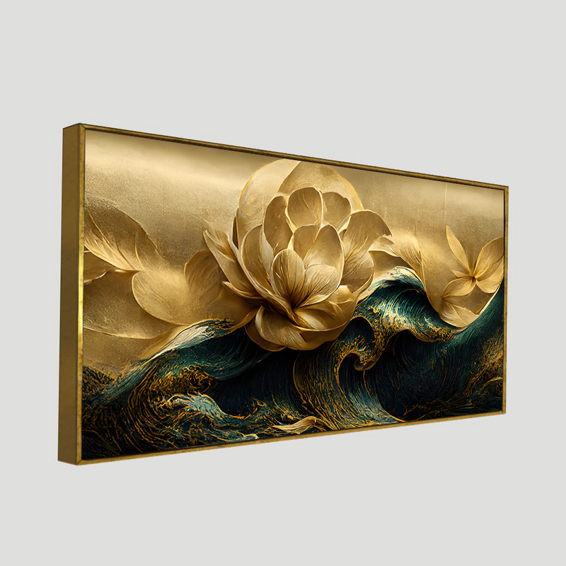 Modern Golden Flower and Waves Floating Frame Wall Painting