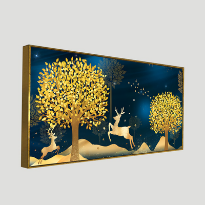 Golden Leaf Tree with Golden Deer Canvas Floating Frame Wall Painting