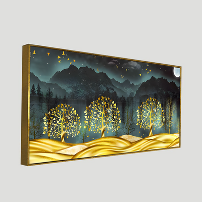 Golden Trees in Dark Forest Canvas Floating Frame Wall Painting