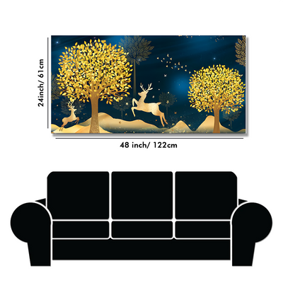 Golden Leaf Tree with Golden Deer Canvas Floating Frame Wall Painting
