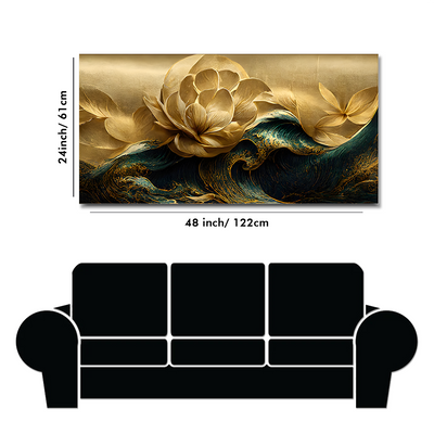 Modern Golden Flower and Waves Floating Frame Wall Painting