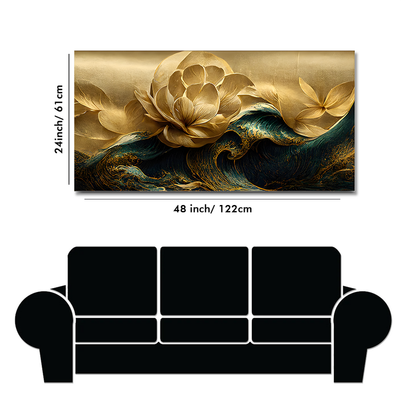 Modern Golden Flower and Waves Floating Frame Wall Painting
