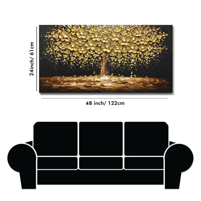 3D Texture Golden Tree Palette Knife Painting Art, Fashion Bohemian Canvas Oil Painting, Blooming Flower Landscape Original Painting