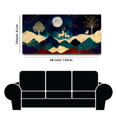 Luxurious Modern Art of Mountains and Golden Deer Tropical leaves Canvas Floating Frame Wall Painting