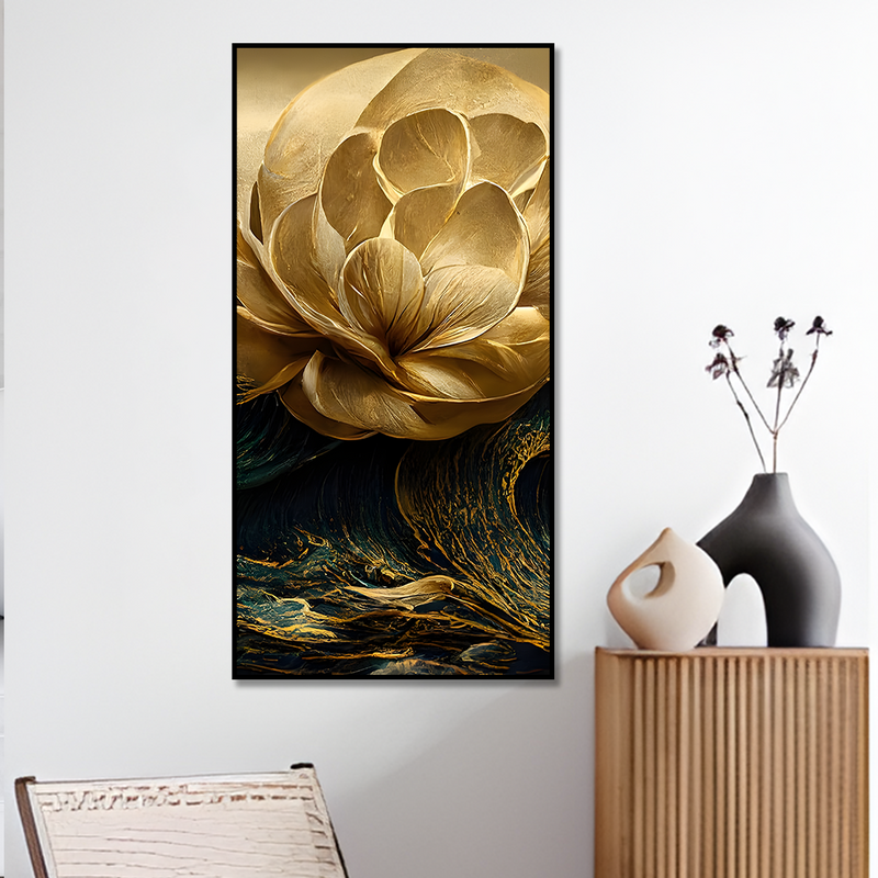 Modern Golden Flower and Waves Premium Canvas Floating Frame Wall Painting