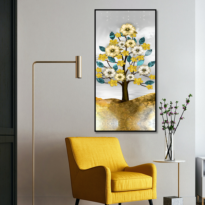 Beautiful Golden Flowers and Turquoise Mountains Floating Frame Canvas Wall Painting.
