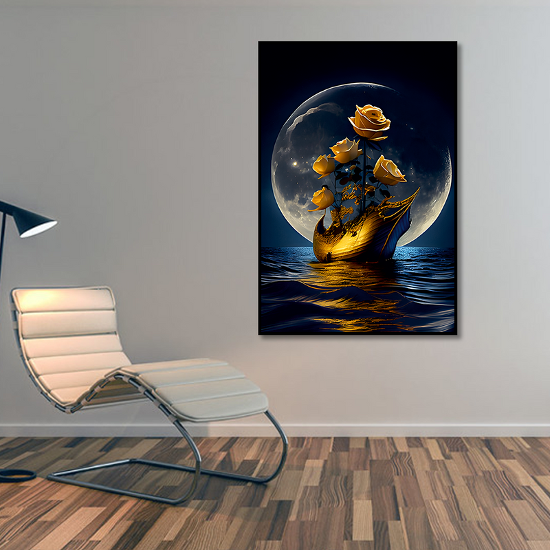 Full moon with sea, Golden boat and flowers  Canvas Floating Frame Wall Painting