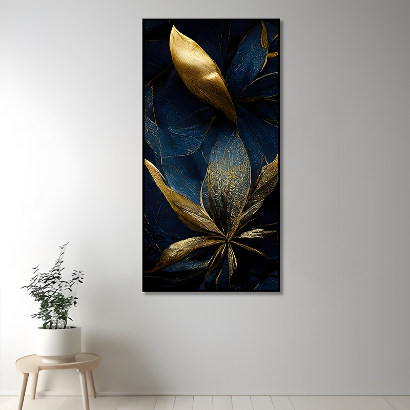 Vertical Golden Textured Tropical leaves Canvas Floating Frame Wall Painting