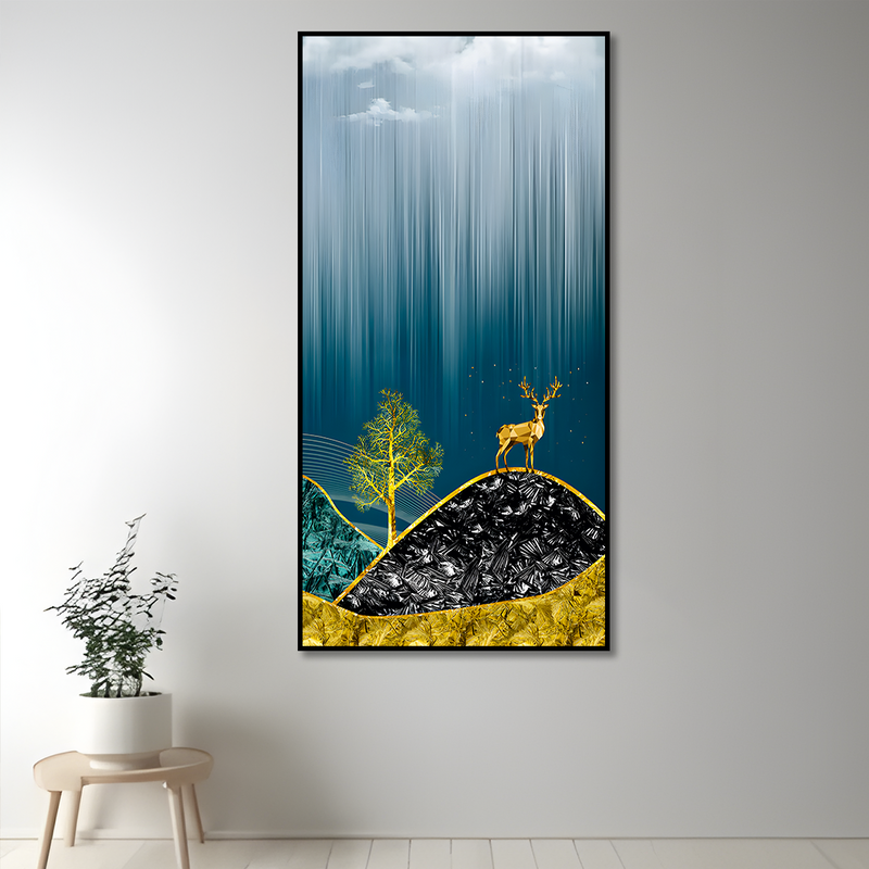 Beautiful Golden Mountains and Deer with Moon Canvas Floating Frame Wall Painting