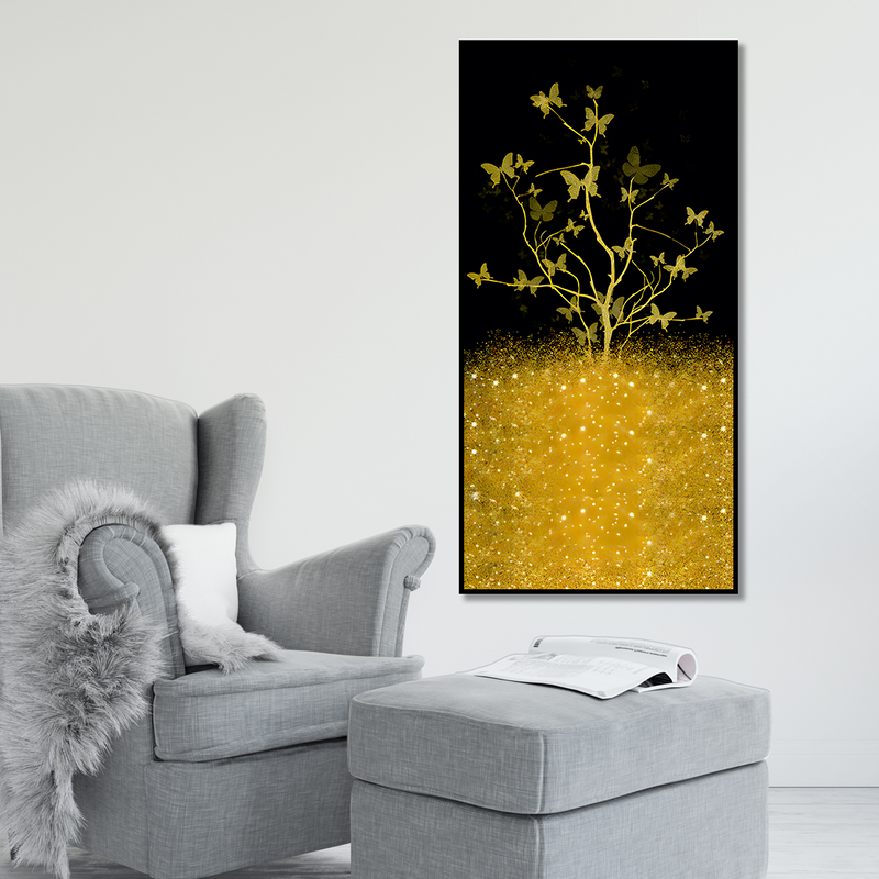 Beautiful Golden Tree Butterfly Premium Canvas Floating Frame Wall Painting