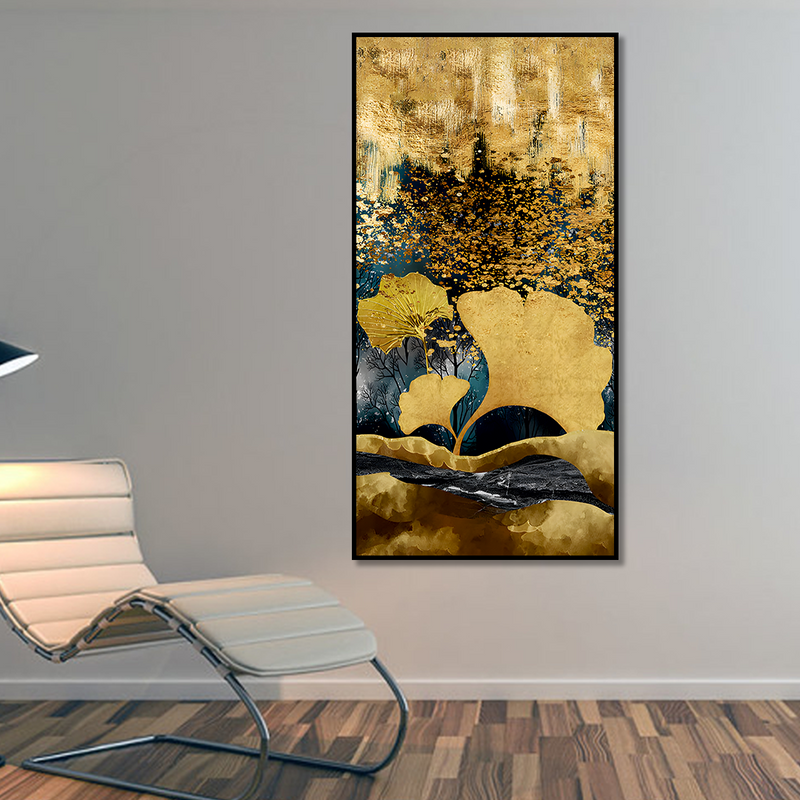 Modern Golden Ginkgo Leaves with Mountains Premium Canvas Floating Frame Wall Painting
