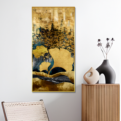 Modern Golden Ginkgo Leaves with Mountains Premium Canvas Floating Frame Wall Painting