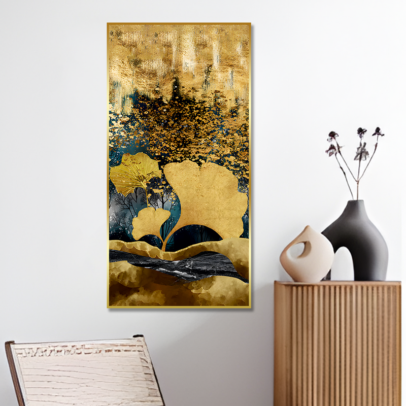 Modern Golden Ginkgo Leaves with Mountains Premium Canvas Floating Frame Wall Painting
