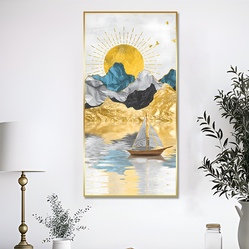 Golden Mountains and Beautiful Sunrise Scenery Floating Frame Canvas Wall Painting