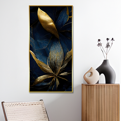 Vertical Golden Textured Tropical leaves Canvas Floating Frame Wall Painting