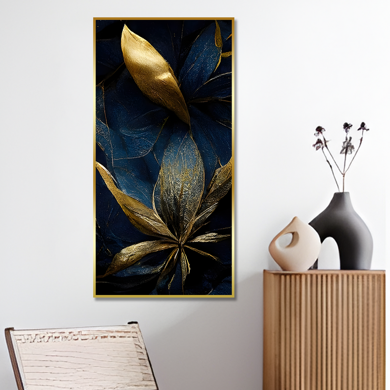 Vertical Golden Textured Tropical leaves Canvas Floating Frame Wall Painting