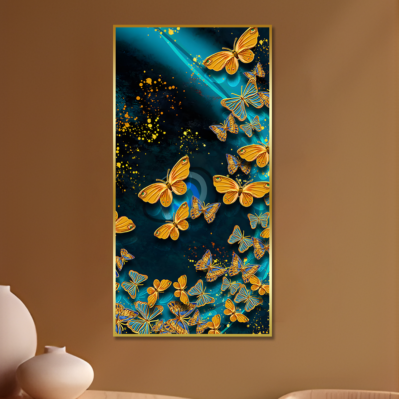 Premium Golden Flying Butterflies Canvas Floating Frame Wall Painting