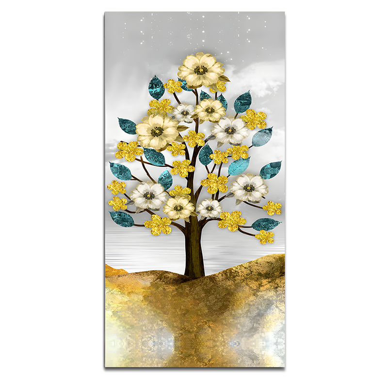 Beautiful Golden Flowers and Turquoise Mountains Floating Frame Canvas Wall Painting.