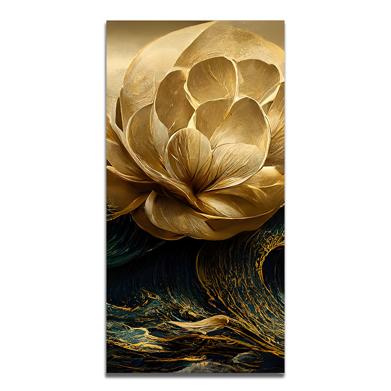 Modern Golden Flower and Waves Premium Canvas Floating Frame Wall Painting